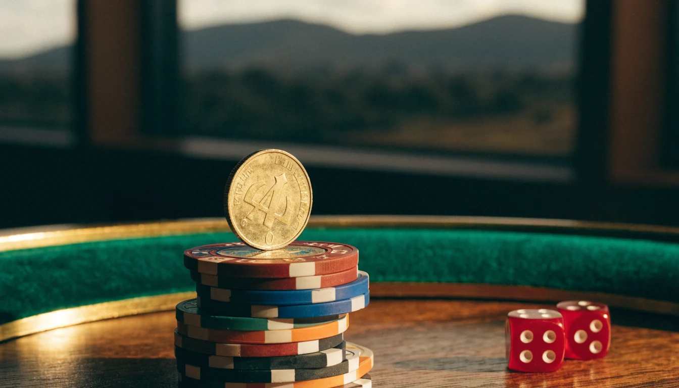 Single Australian dollar coin on poker chips beside a roulette wheel.