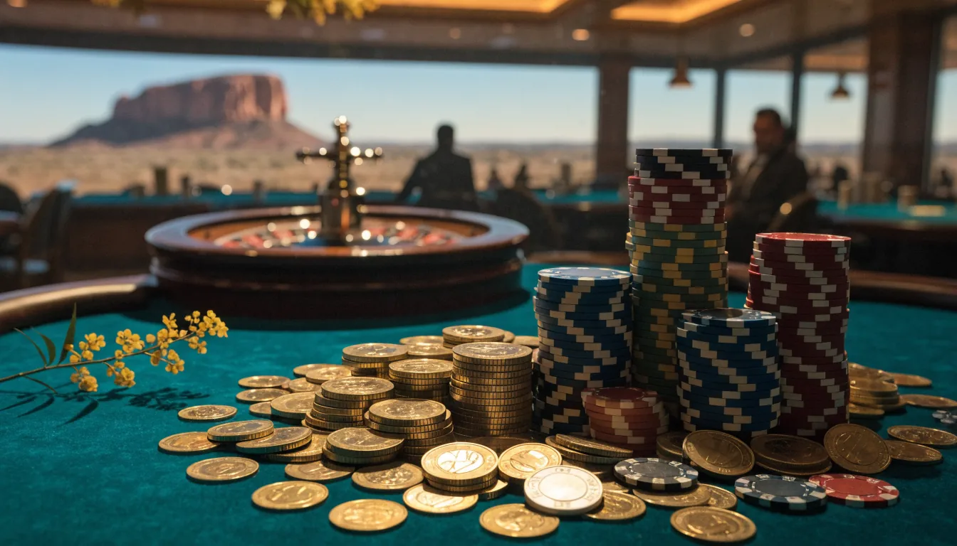 Glamorous casino table with gold coins and chips under warm amber lighting with Australian outback backdrop