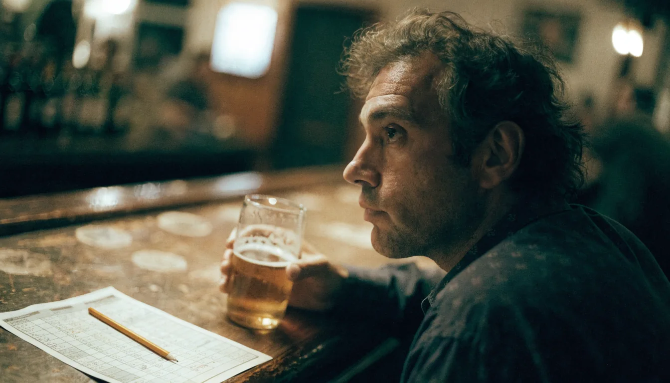 Australian man sitting alone at a dim pub bar with a beer and a betting slip, contemplative mood.