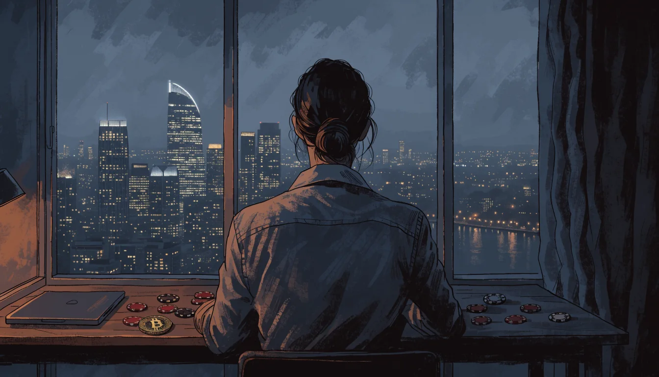 Person at desk with closed laptop and Bitcoin token, Sydney skyline at night