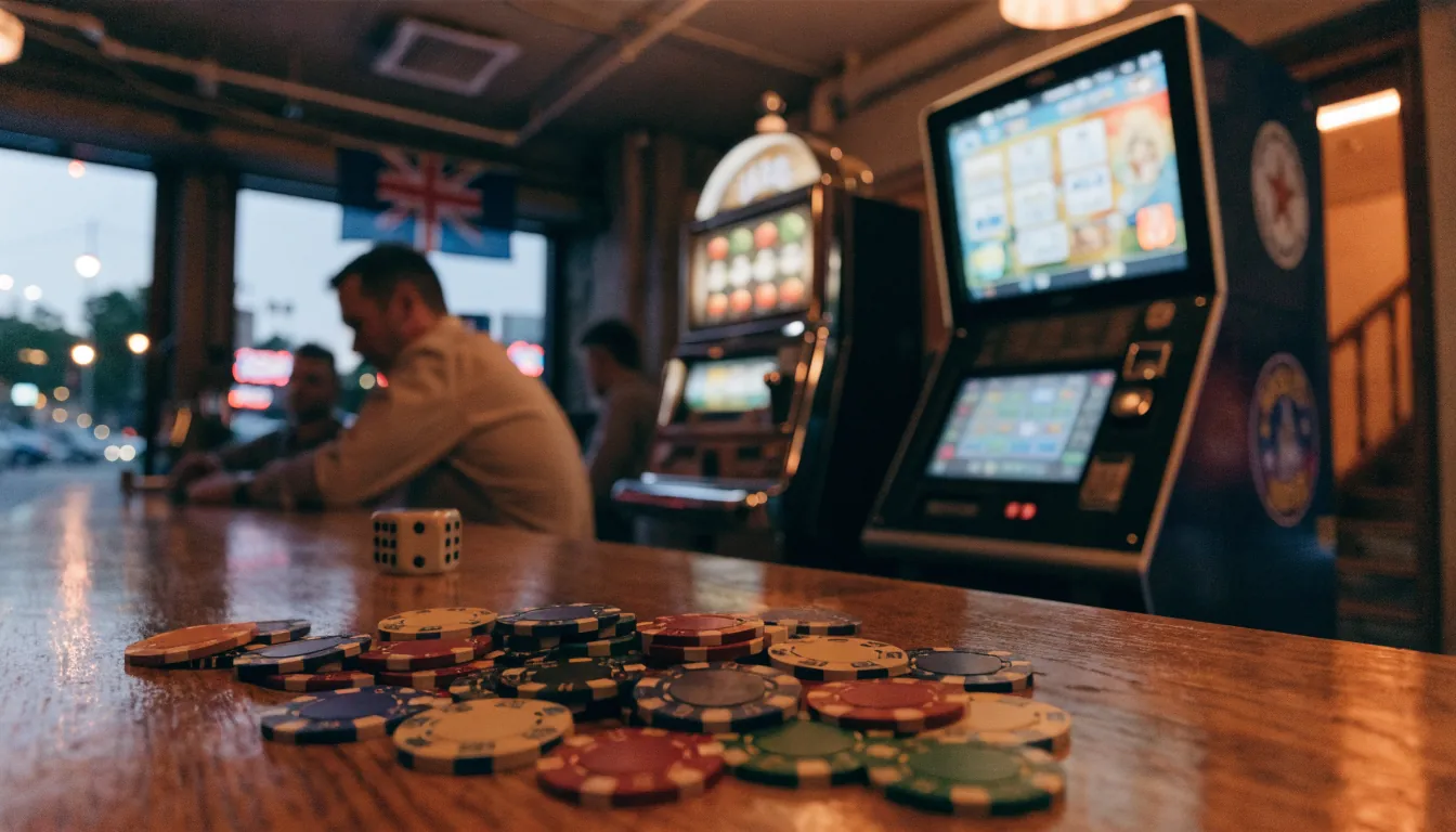 Australian pub with classic and modern slot machines on counter