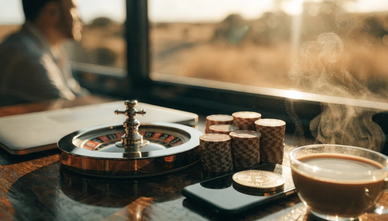 Closed laptop with roulette wheel, chips, Bitcoin coin, and flat white on desk