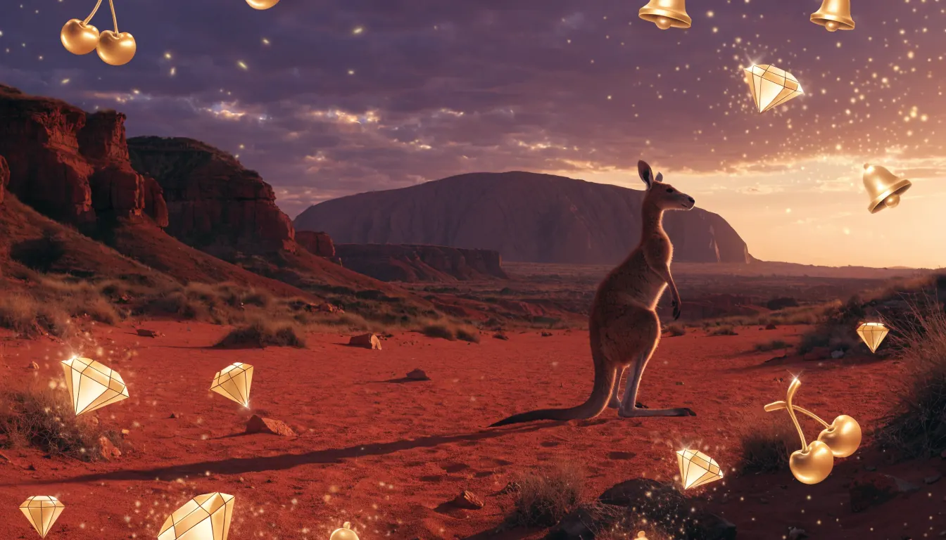 Australian outback sunset with a kangaroo and floating glowing slot symbols