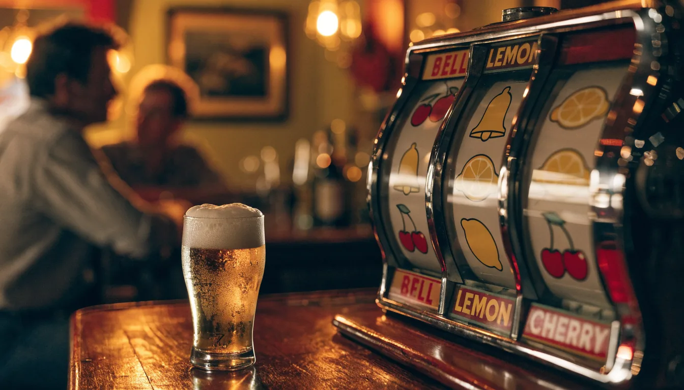 Classic three-reel slot machine in a cozy Australian pub on a bar counter
