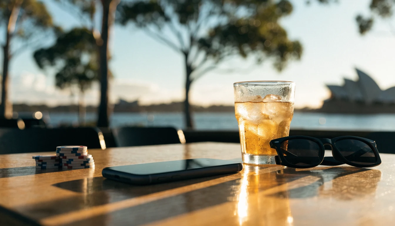 Smartphone face-down on a harbour cafe table with poker chips and Australian skyline in background.