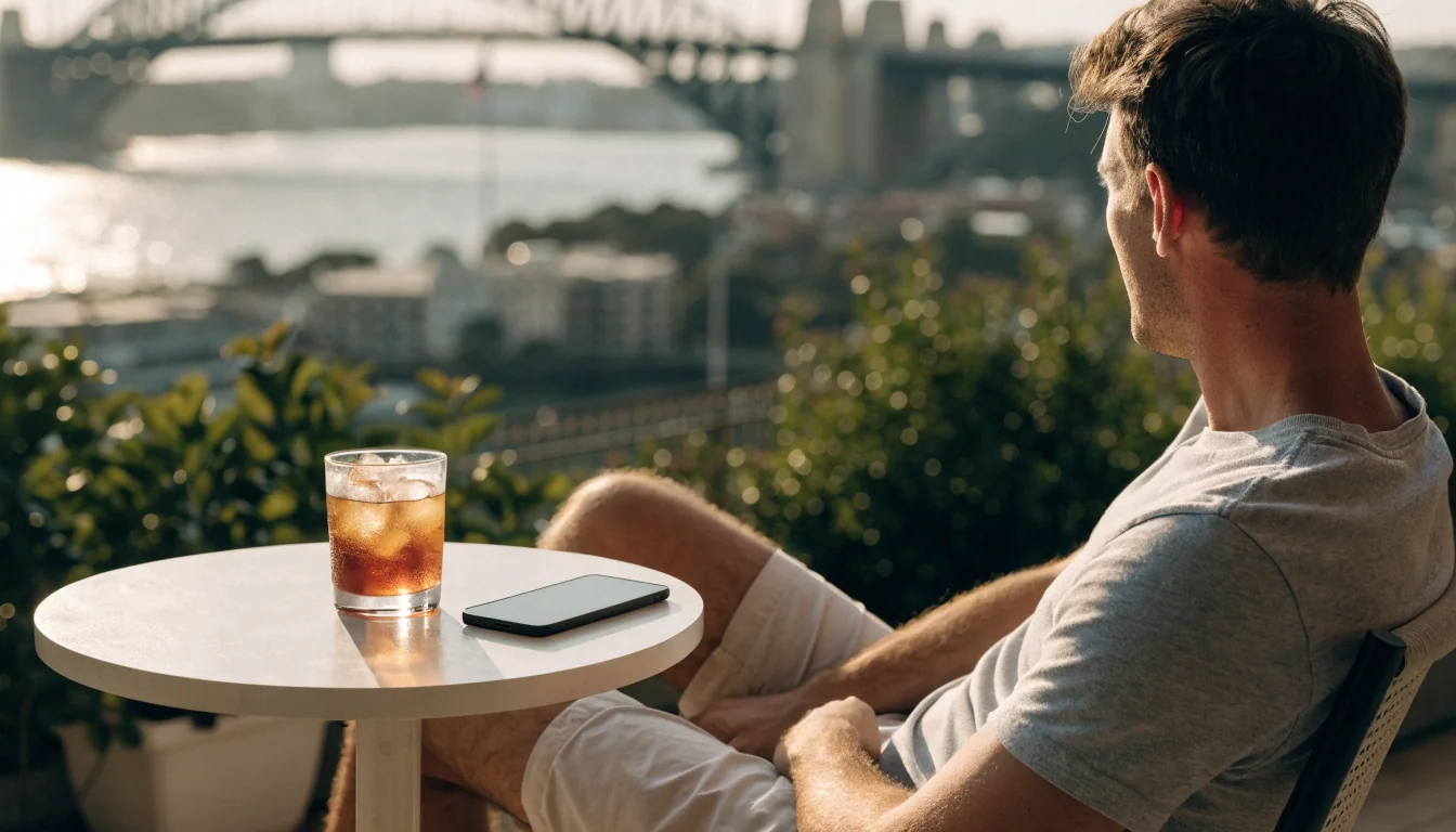 Australian man with Android phone on balcony overlooking Sydney Harbour