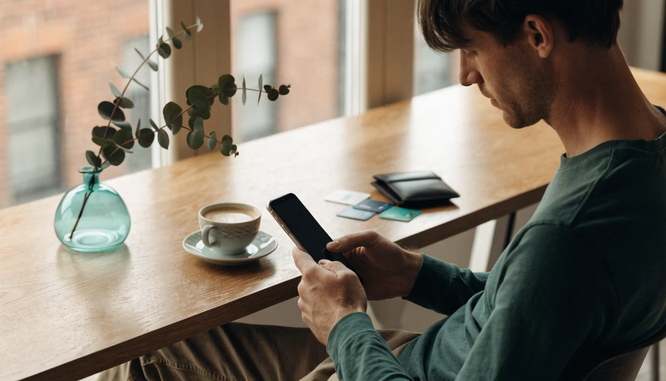 Australian man reviewing payments on smartphone at desk with cards and coffee