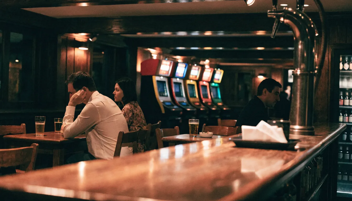 Melbourne pub interior with poker machines along the back wall