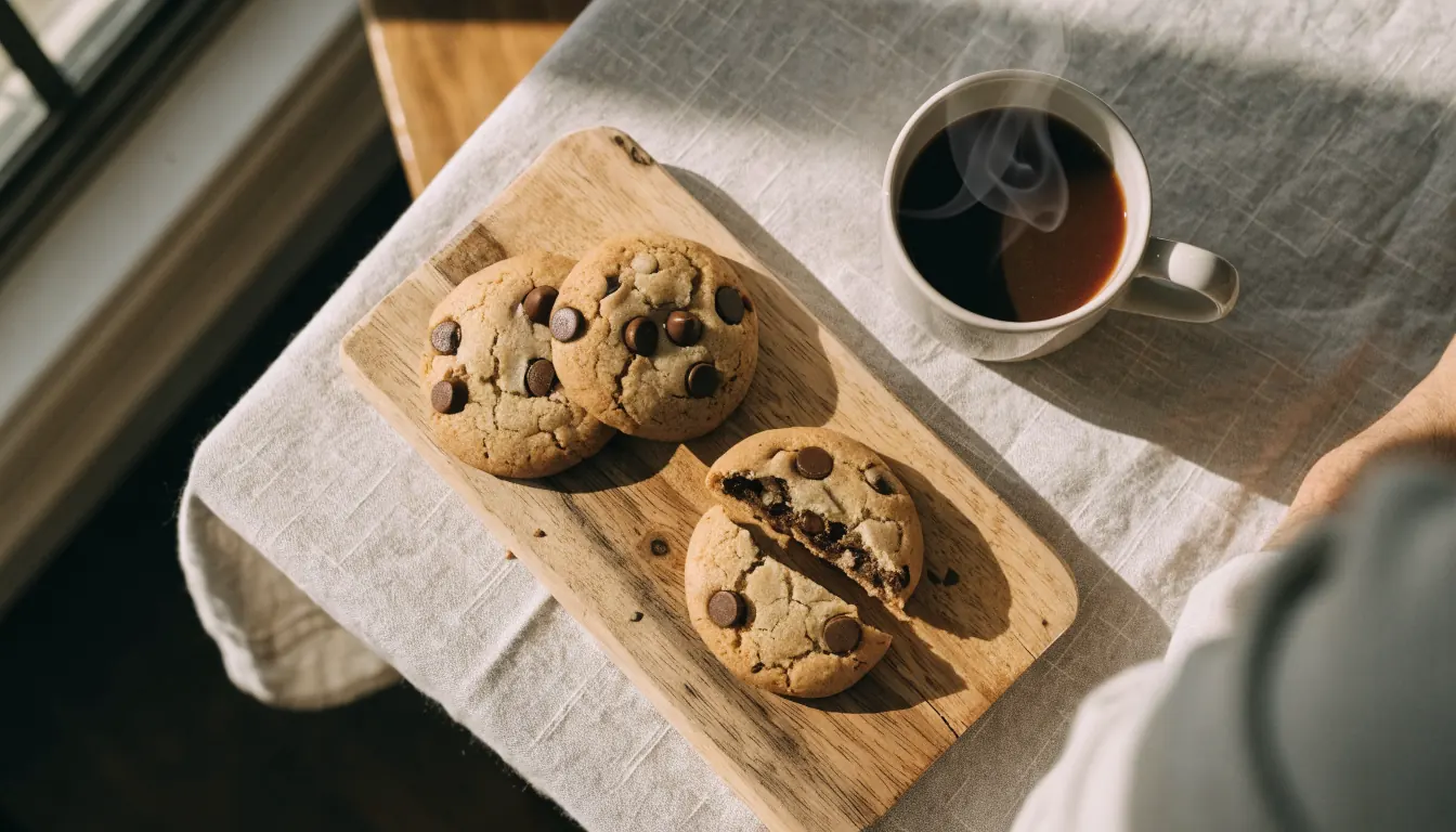 Freshly baked chocolate chip cookies on a rustic wooden board with a steaming coffee mug in warm natural light.
