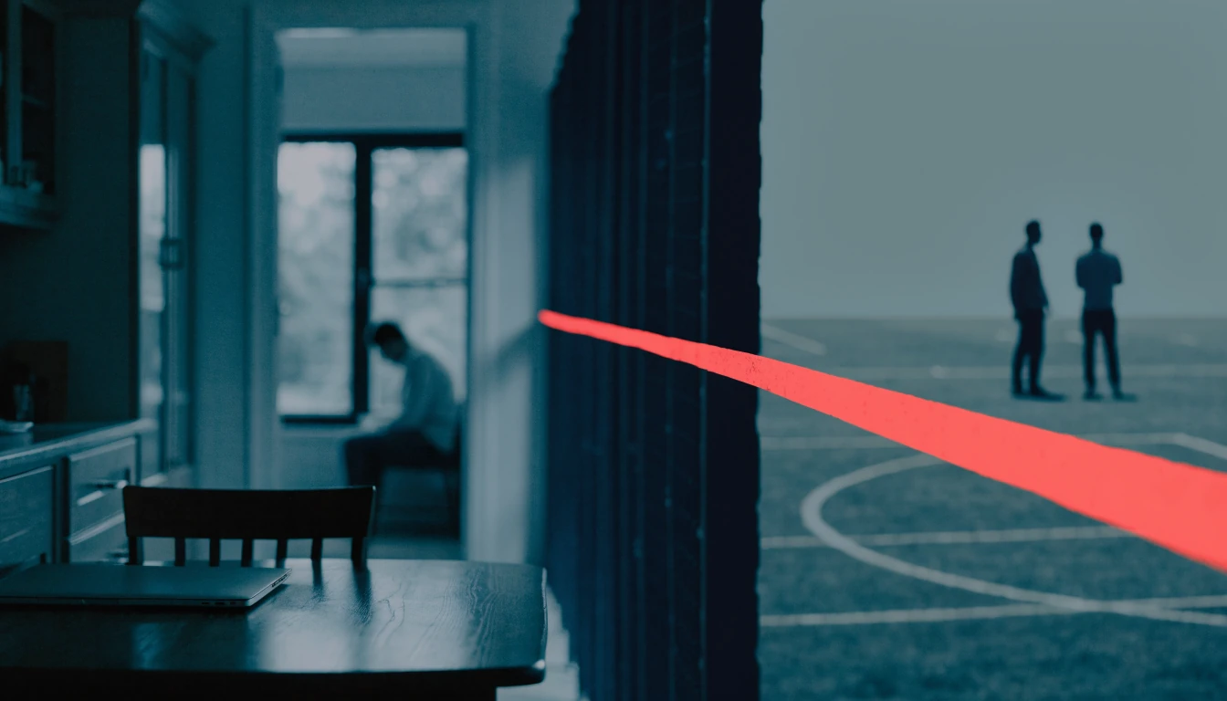 Australian home scene with closed laptop and symbolic legal barrier near sports field