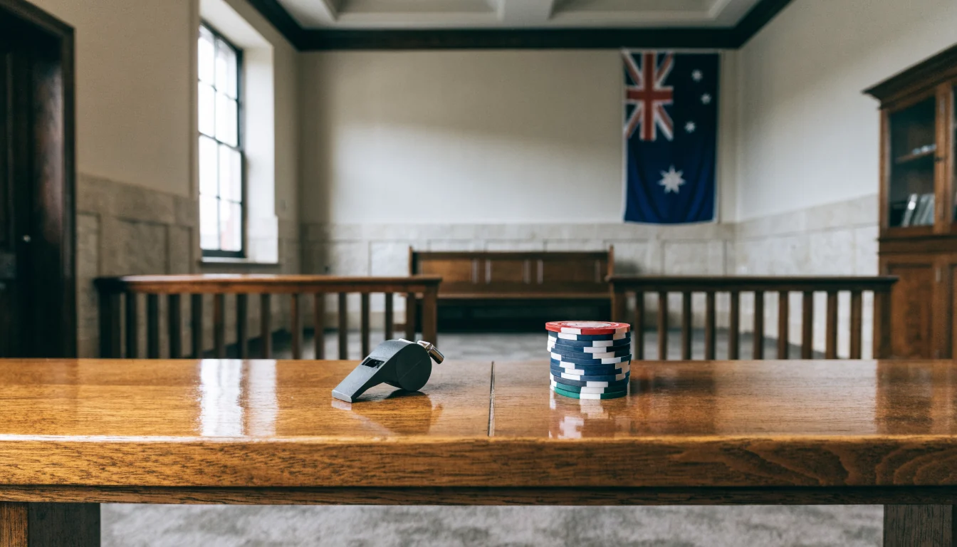 Empty Australian courtroom bench with whistle and casino chips separated by a dividing line