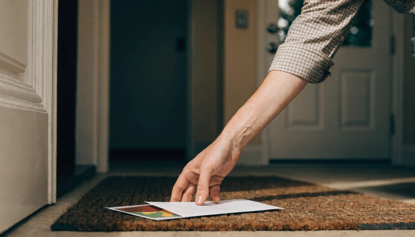 Hand reaching for promotional envelope on Australian hallway doormat