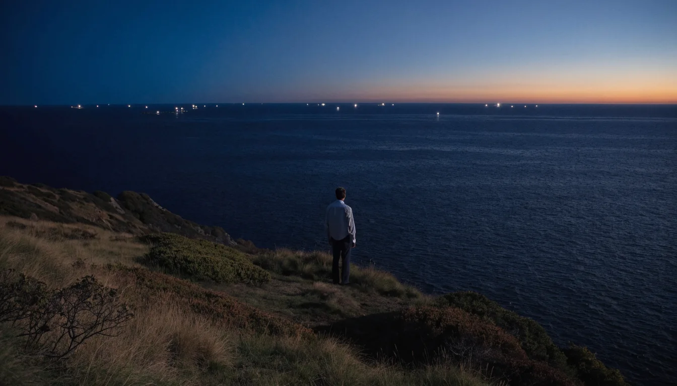 Lone figure on Australian cliff looking toward distant offshore lights at sea