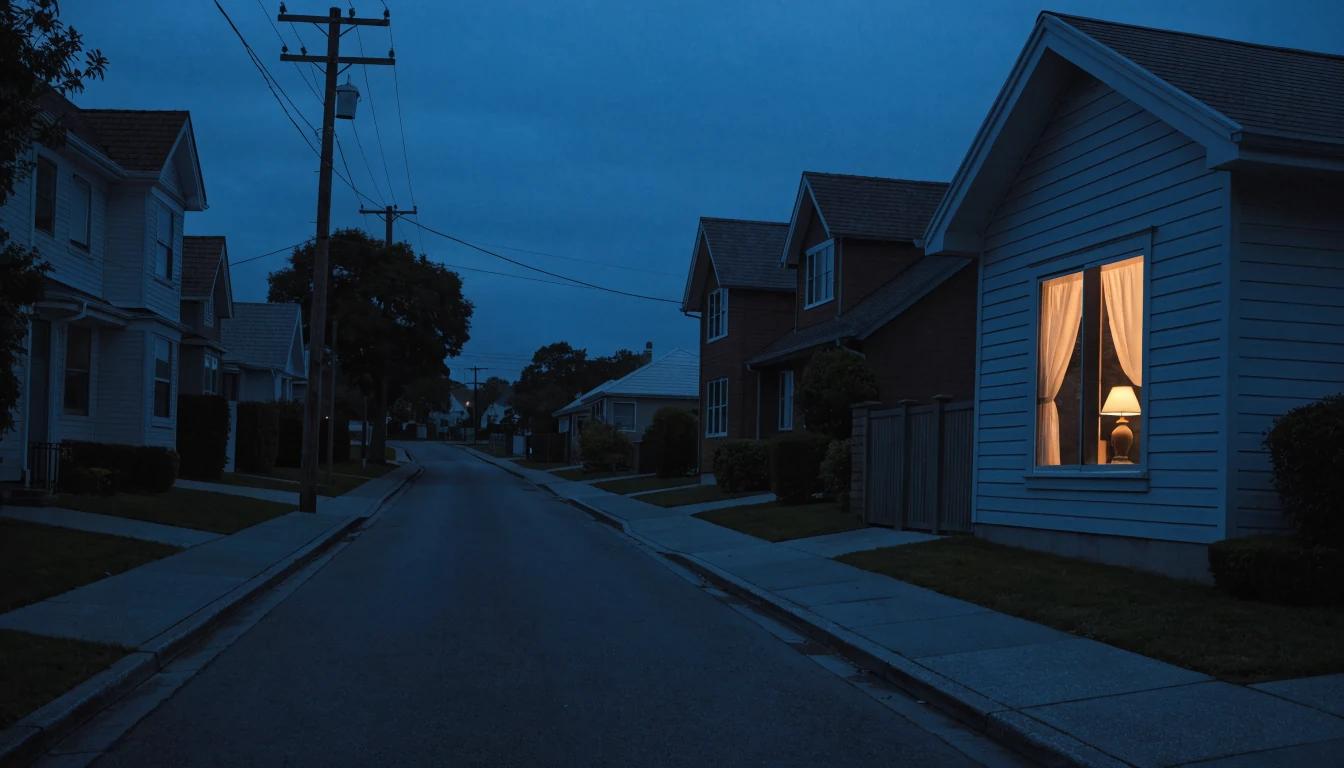 Australian suburban street at night with one warmly lit curtained window