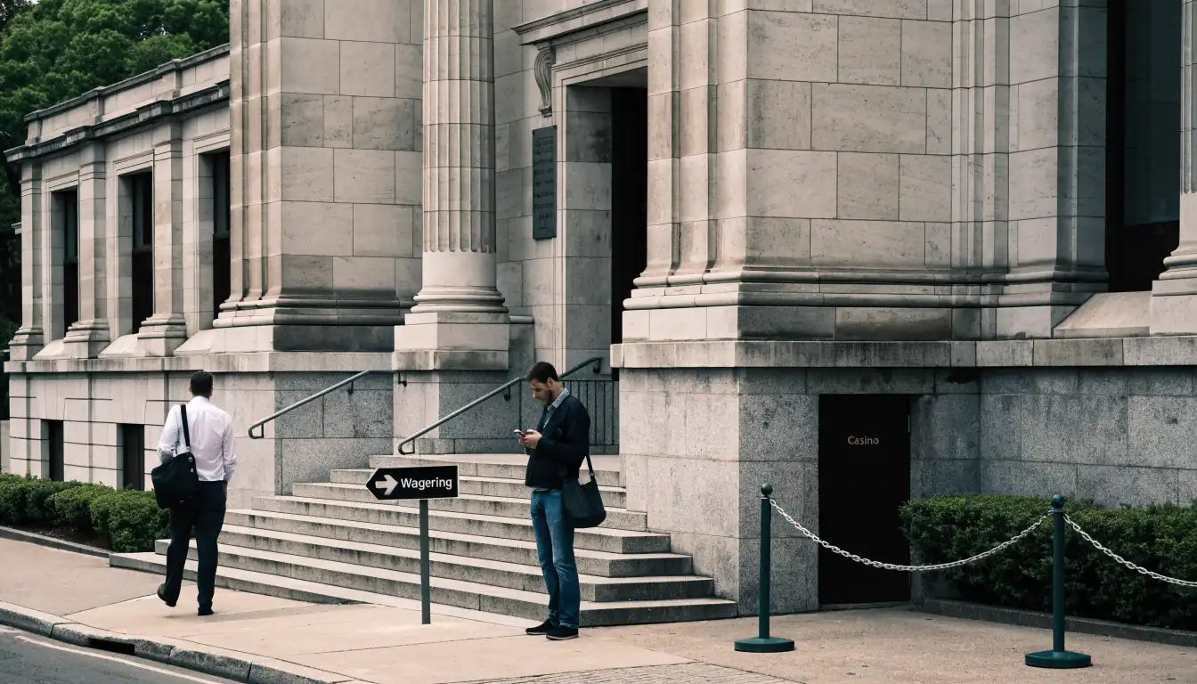 Australian government building with sign toward wagering and blocked casino door
