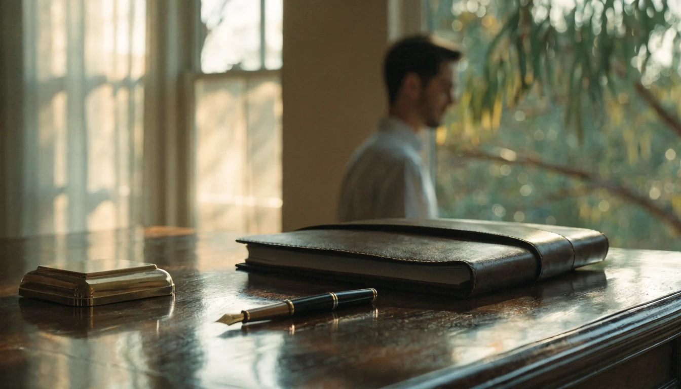 Leather document folder and fountain pen on a wooden desk with Australian eucalyptus in soft light.