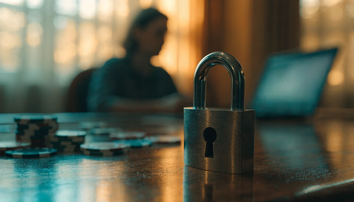 Padlock on a casino table with poker chips and a laptop, symbolising secure online gambling in Australia.
