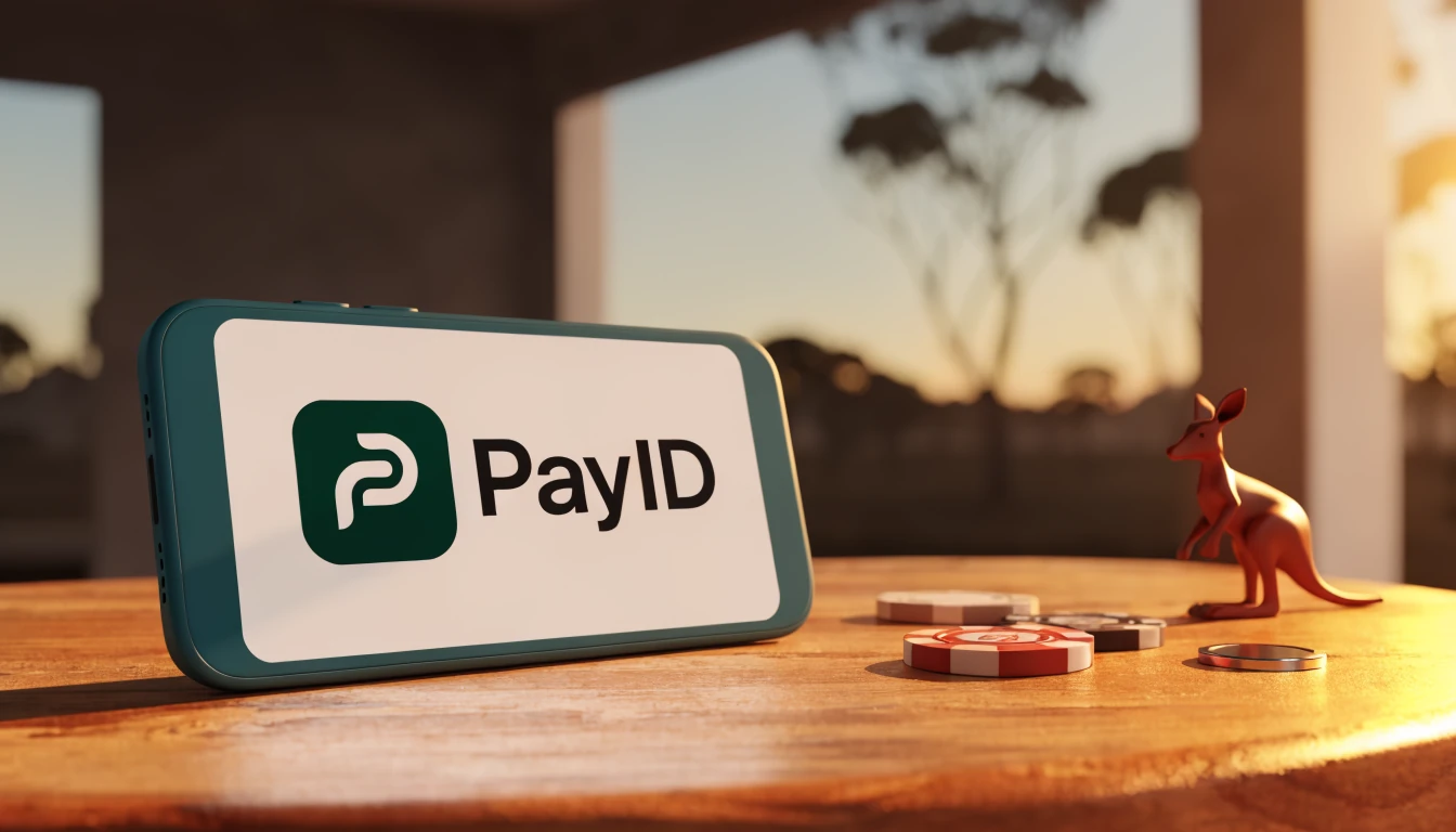 Smartphone with PayID logo beside poker chips and a small kangaroo figurine on a wooden table