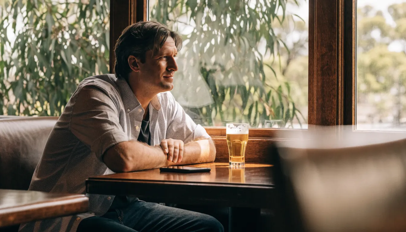 Man at an Australian pub table with a single drink, phone face-down, looking thoughtful.