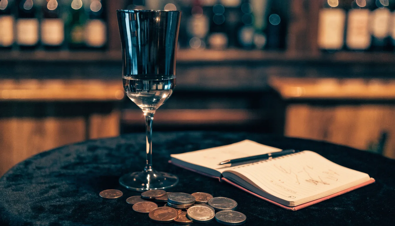 Notebook with pen, coins and a glass on a pub table suggesting pokie strategy tips.