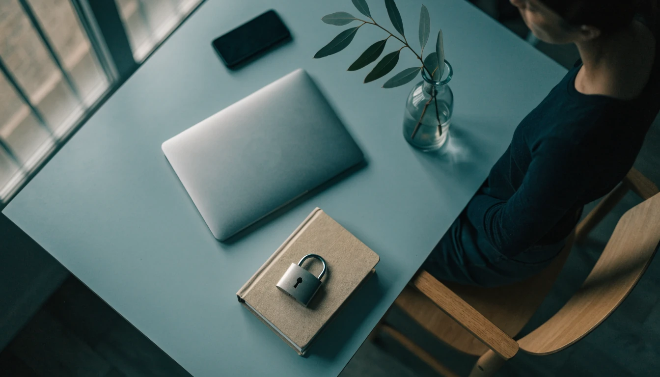 Closed devices and a padlocked diary on a desk, symbolizing privacy protection.