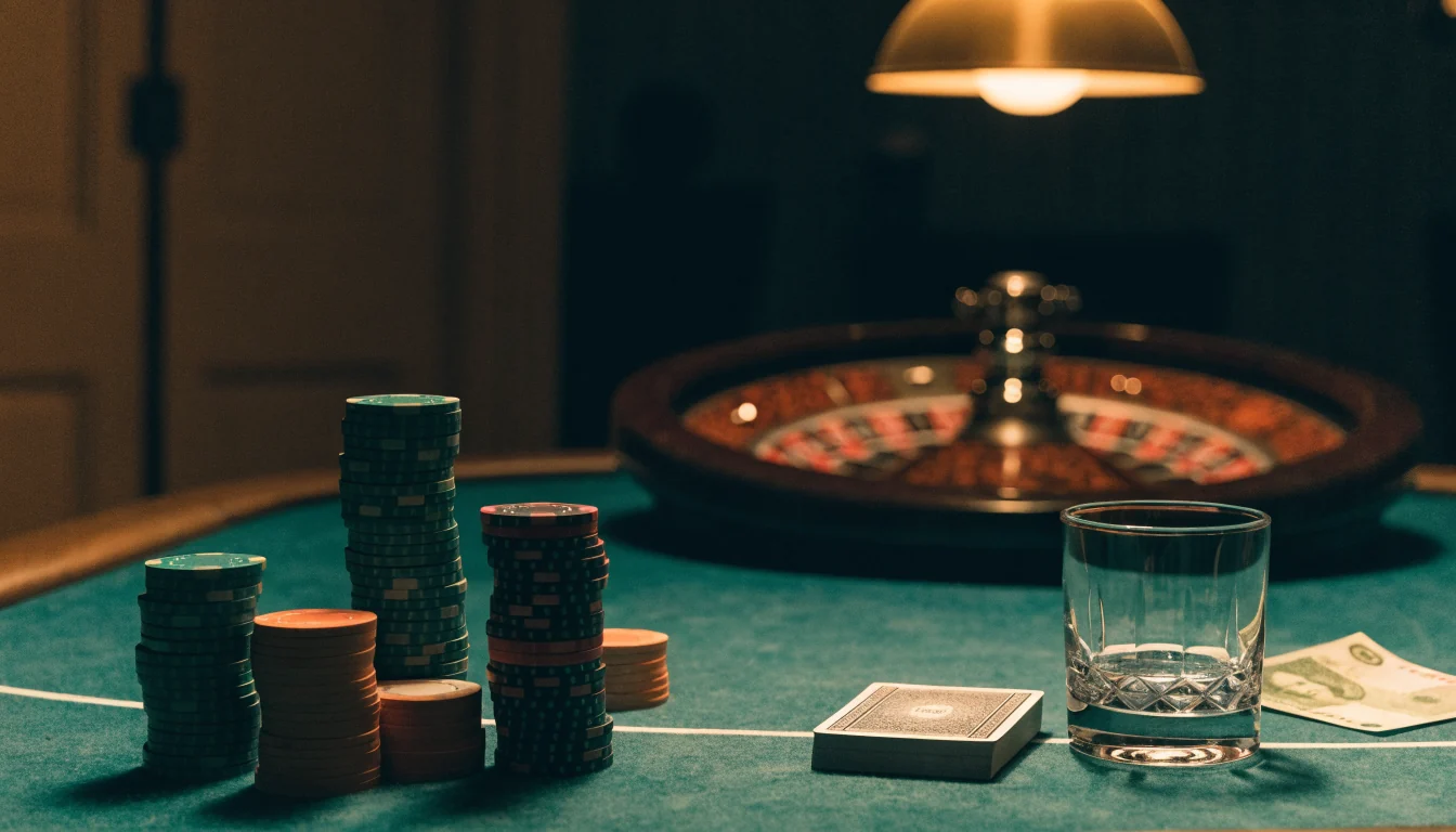 Casino table with chips, cards, and roulette wheel in warm lighting