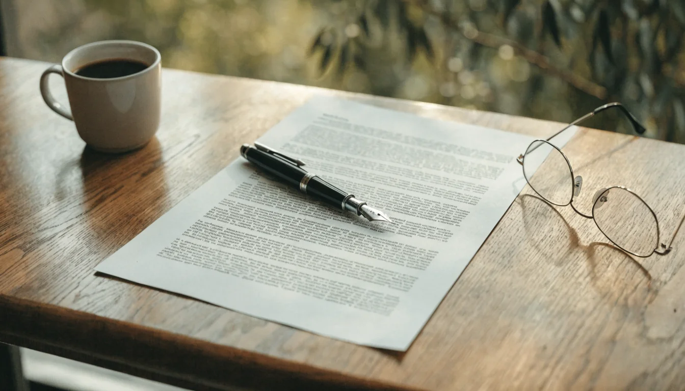 Legal document with fountain pen and glasses on a wooden desk